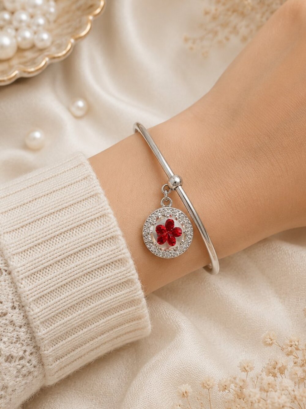 Silver Snap Charm Cuff Bracelet Ruby Flower & Starfish Interchangeable Snaps